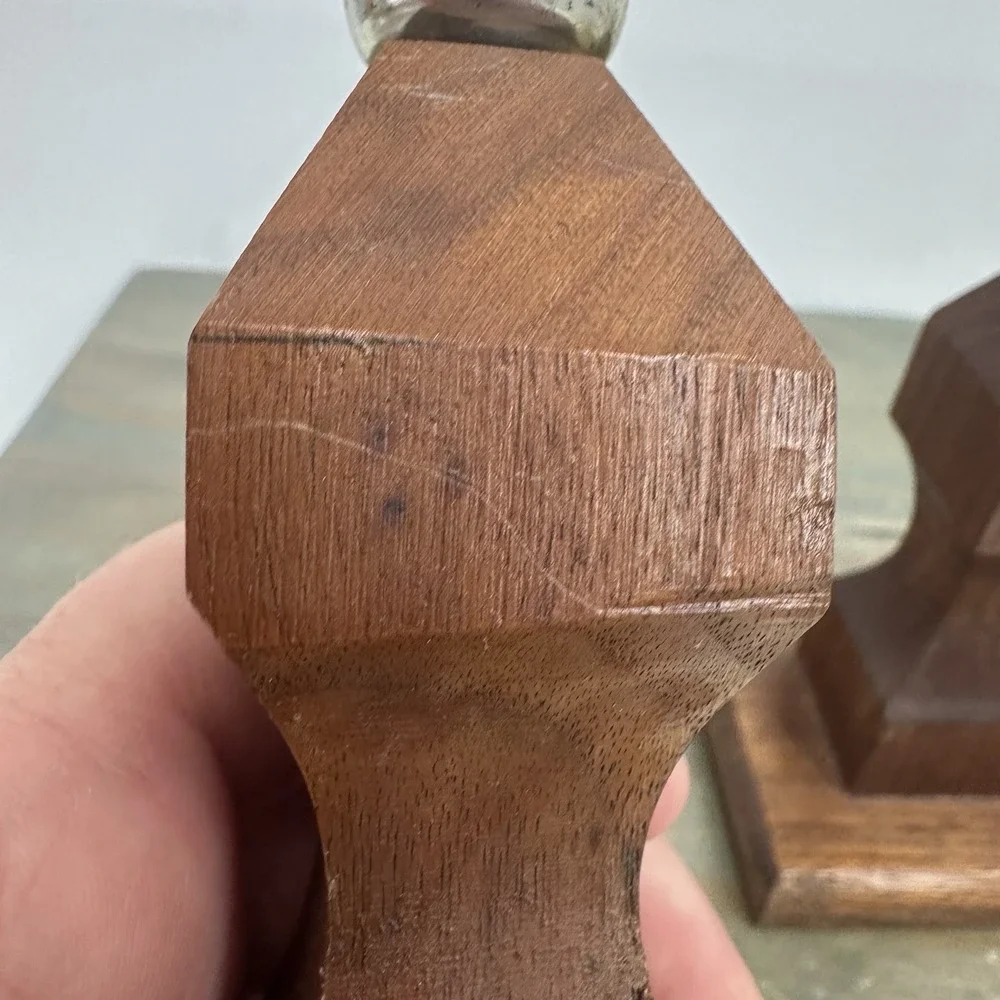 Vintage Mid Century Wood Candle Holders Pair Geometric Carved Taper Candlesticks